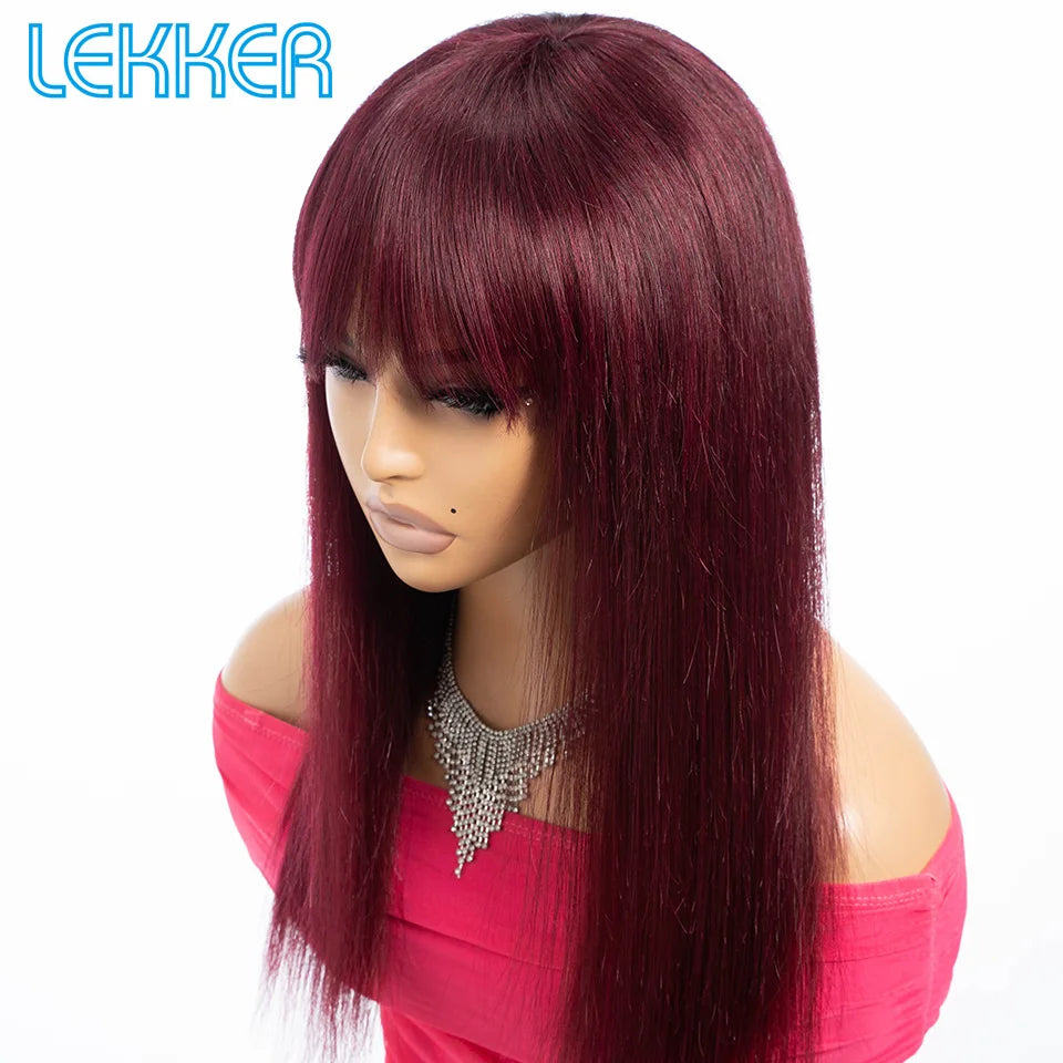 Lekker 99J Burg Red Bone Straight 100% Human Hair Wig With Bangs For Women Brazilian Remy Hair Colored Full Machine Made 22" Wig