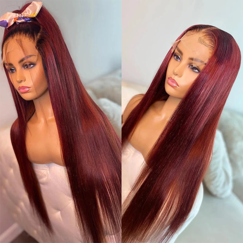 Ombre Hd Lace Front Human Hair Wigs Dark Red Colored Bone Straight Human Hair Wig Glueless Princess 99J Burgundy Brazilian Wigs