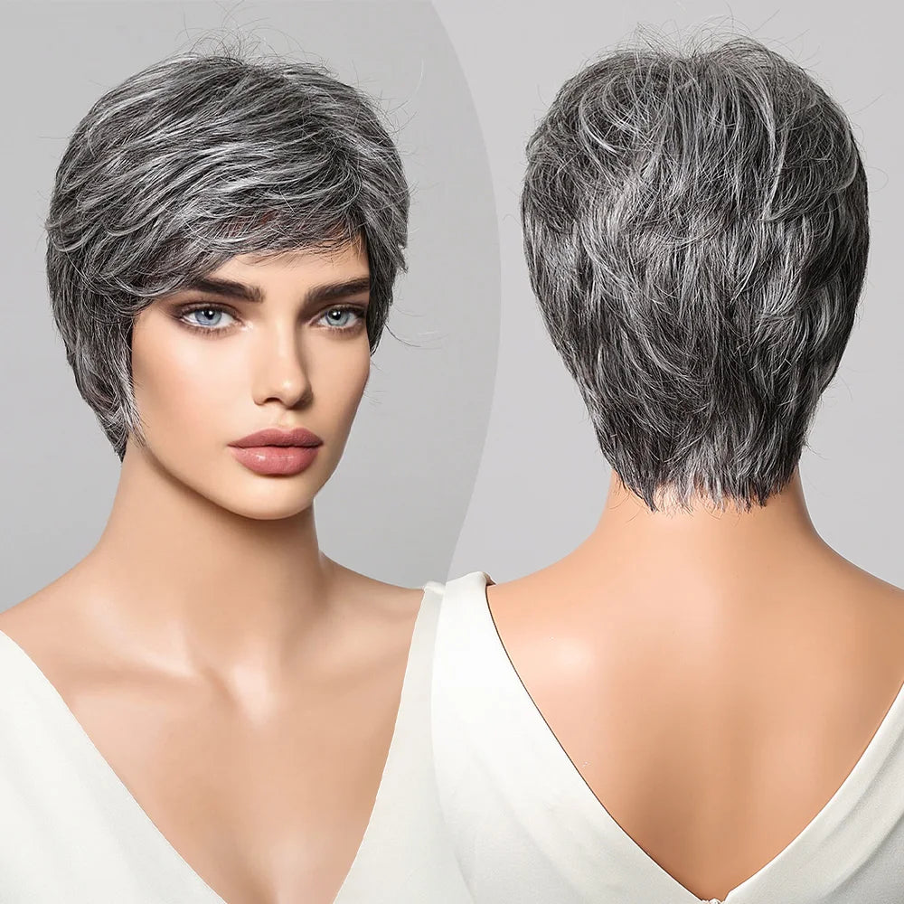 Short Pixie Cut Grey Human Hair Wig 8 Inch Layered Fashion Blend Human Hair Wig for Women Daily Use Hair Machine Made Cheap Wigs