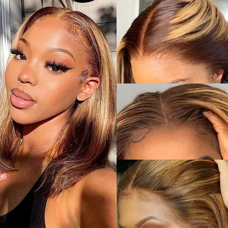 Highlight Wigs Human Hair Straight Bob Wig 4/27 Ombre 13x4 Lace Front Human Hair Wig 100% Remy Hair Pre Plucked Transparent Lace