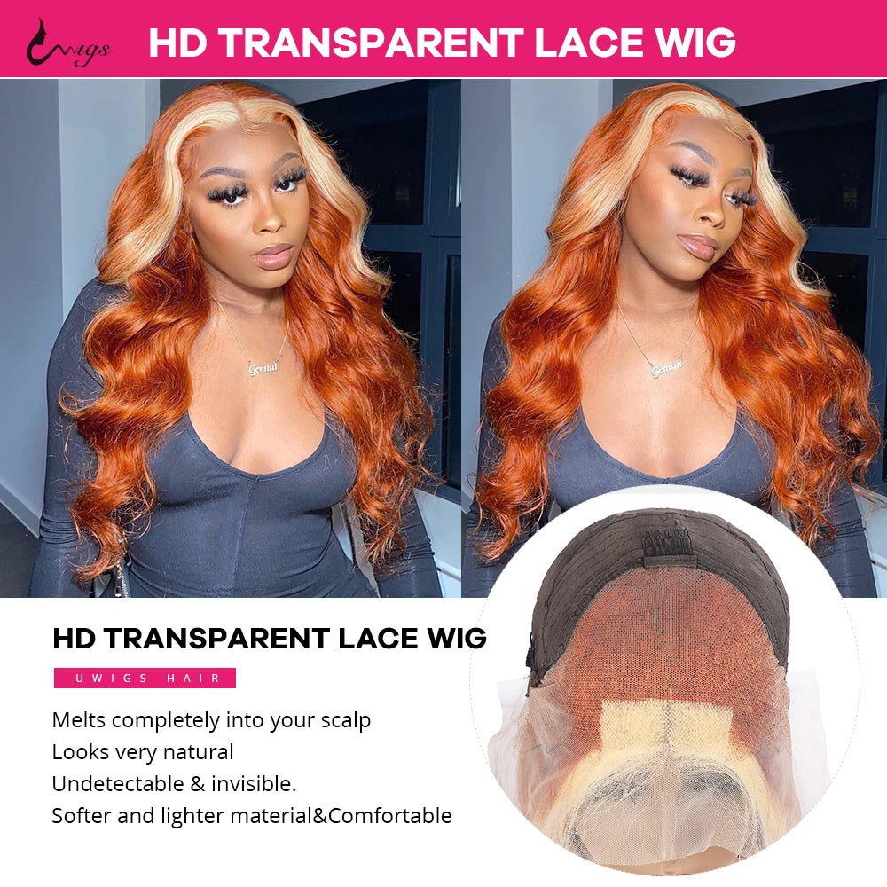 Genger 13x4 Colored Human Hair Wigs Orange Ginger Lace Front Wig 613 Blonde Body Wave Lace Front Wig Transparent Lace Frontal Wig