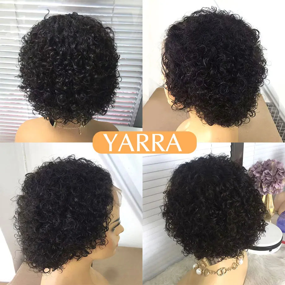 Short Pixie Cut Wig Human Hair 6 Inch 13x1  Brazilian Remy Hair Curly Bob Wig Transparent Lace Wig Preplucked Hairline Yarra