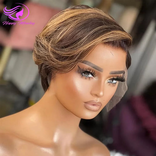 13X4 Transparent Lace Frontal Wig For Women Highlight Straight Pixie Cut Wig Short Bob Wig Pixie Cut Wig Straight Human Hair Wig