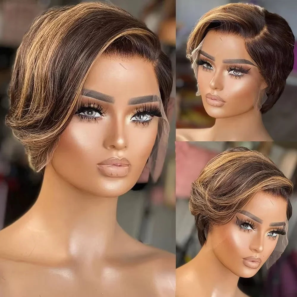 13X4 Transparent Lace Frontal Wig For Women Highlight Straight Pixie Cut Wig Short Bob Wig Pixie Cut Wig Straight Human Hair Wig