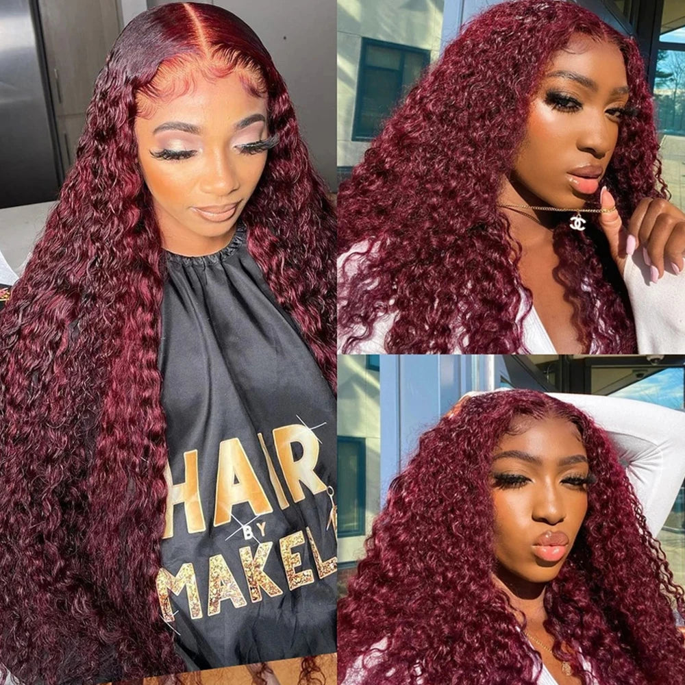 250 Density Glueless Red Colored 13x4 Human Hair Lace Frontal Wigs 40 Inch 99J Burgundy Curly Wigs Brazilian For Women