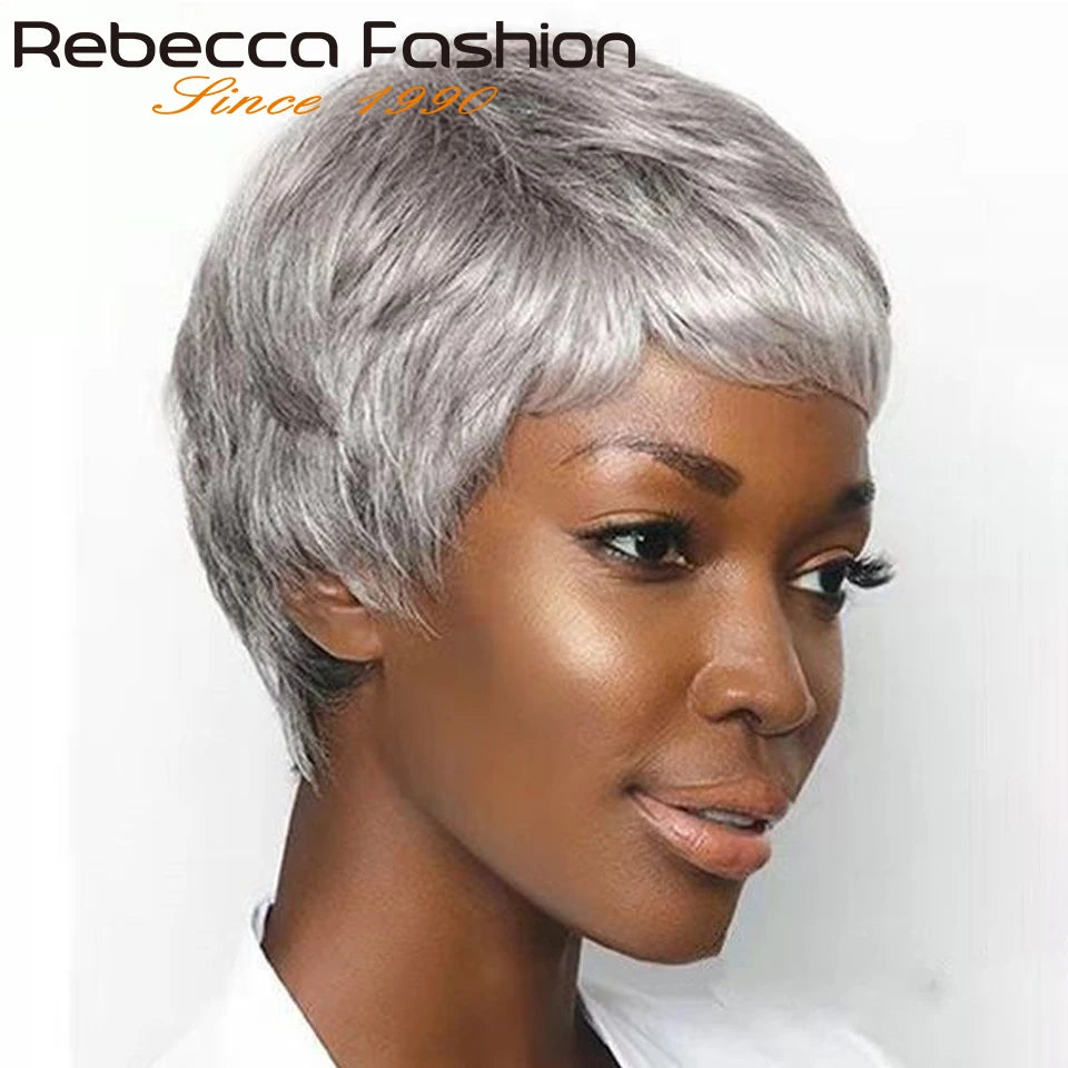 Rebecca Grey Colored Short Straight Bob Pixie Human Hair Wig With Bangs Fringe For Women Brazilian Remy Hair Gray Bob Wigs