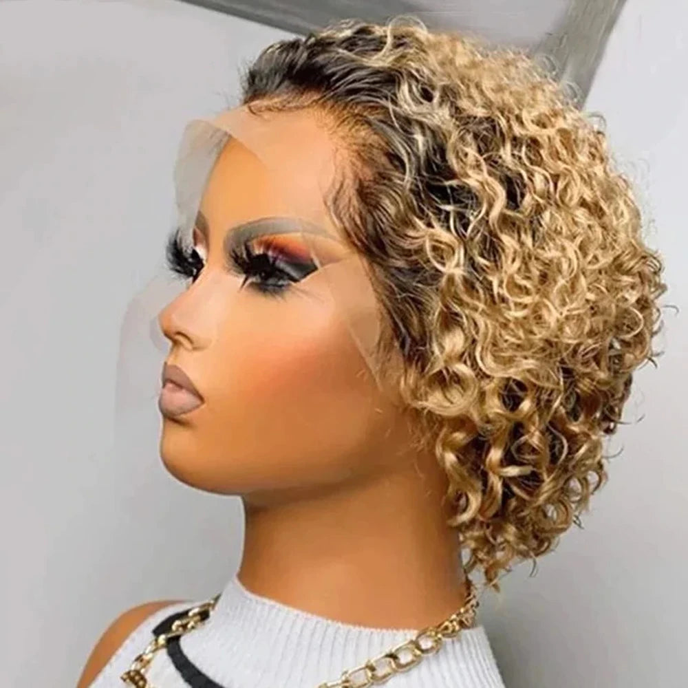 Pixie Cut Wig Colored Lace Wig Spring curl Short Bob Human Hair Wig For Women Natural Black Color Human Hair Cheap Wig 13X1