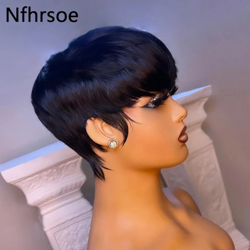 Short Bob Pixie Cut Wig Straight Bob Wigs Human Hair For Women With Bangs Brazilian Virgin Human Hair Wigs Non Lace Front Wig