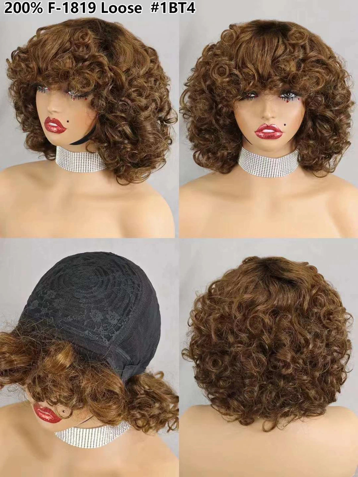 200% Density 99J# Burgundy Bouncy Curly Human Hair Wigs with Bangs Short Machine Made Loose Curly Bob Wigs PrePlucked for Women