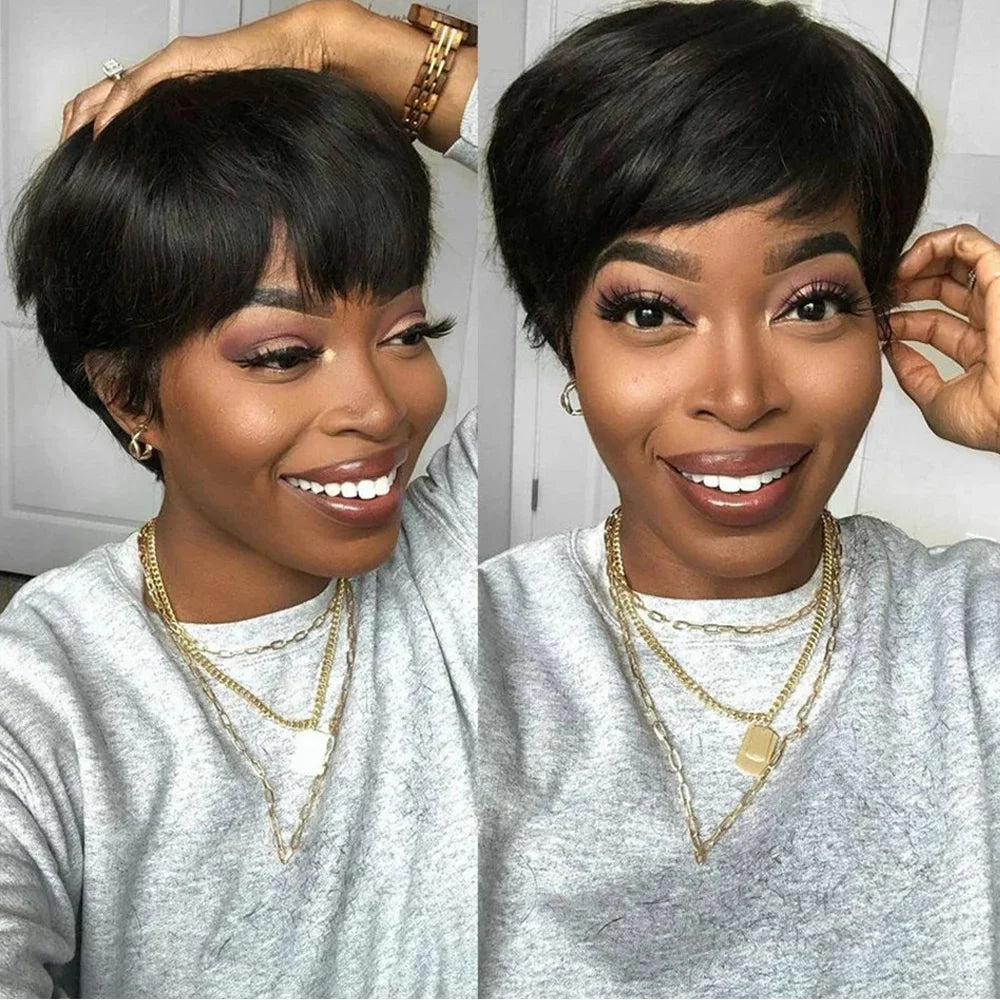 Pixie Cut 100% Full machine Human Hair Wig with Bangs for Women Short Layered Human Hair Brazilian Natural Black Hairs Cheap Wig