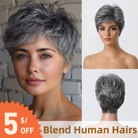 Short Pixie Cut Grey Human Hair Wig 8 Inch Layered Fashion Blend Human Hair Wig for Women Daily Use Hair Machine Made Cheap Wigs