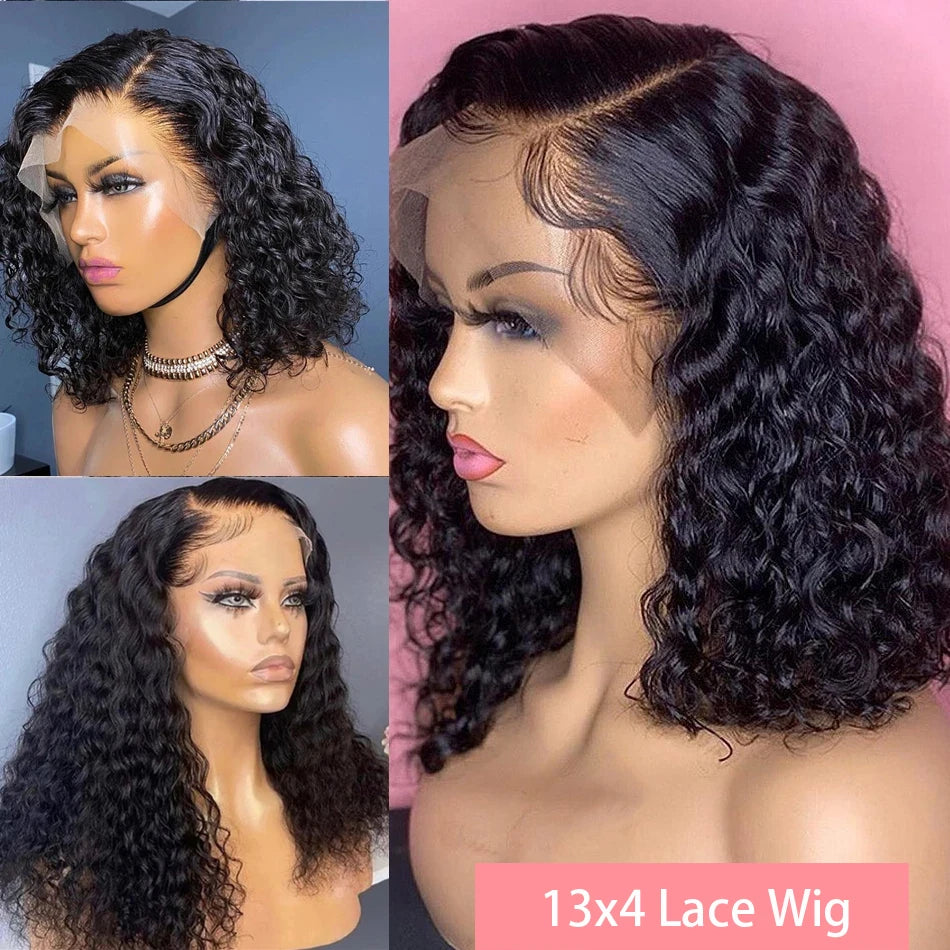 200% Short Curly Bob Wigs Lace Front Human Hair Wigs 13x4 4x4 Deep Wave Lace Frontal Wigs 100% Human Hair Brazilian Hair 14 Inch