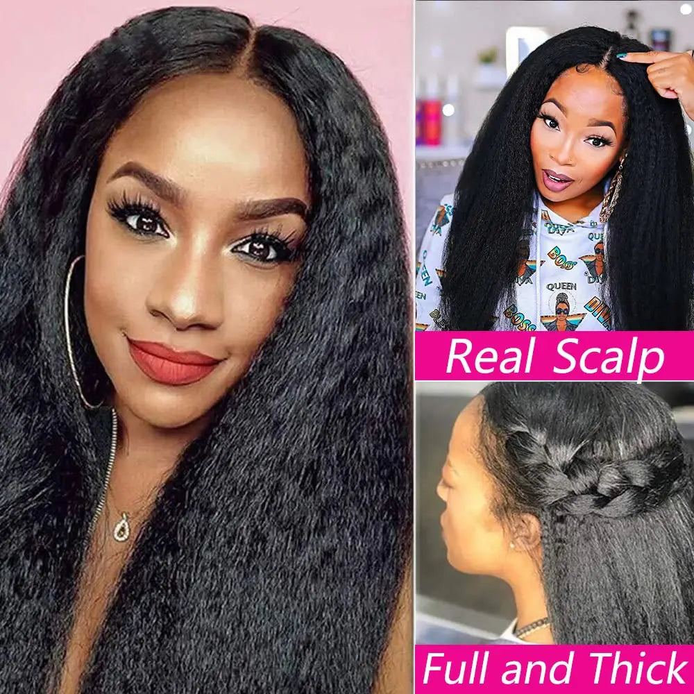 V Part Kinky Straight Wigs Human Hair For Women No Leave Out Natural Color Machine Made V Part Yaki Straight Wigs Brazilian Hair