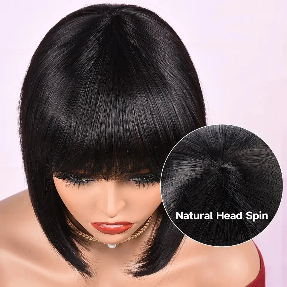 8-14” 180D Ready To Wear Straight Human Hair Bob Wigs With Bangs Fringe Brazilian Realastic Scalp Straight Lace Bob Wigs