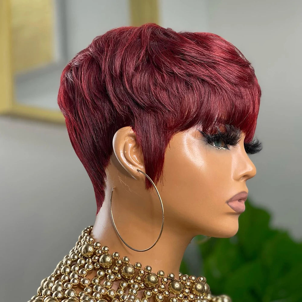 Brown Short Pixie Cut Wig Human Hair For Black Women Machine Made Wigs With Bangs Colored Brazilian Wig Human Hair Wigs