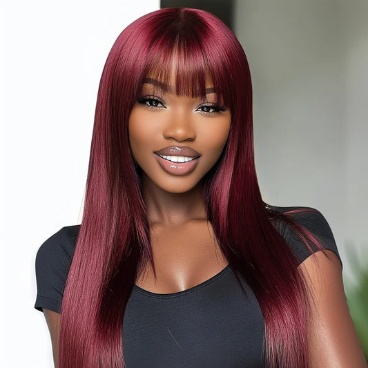 Lekker 99J Burg Red Bone Straight 100% Human Hair Wig With Bangs For Women Brazilian Remy Hair Colored Full Machine Made 22" Wig