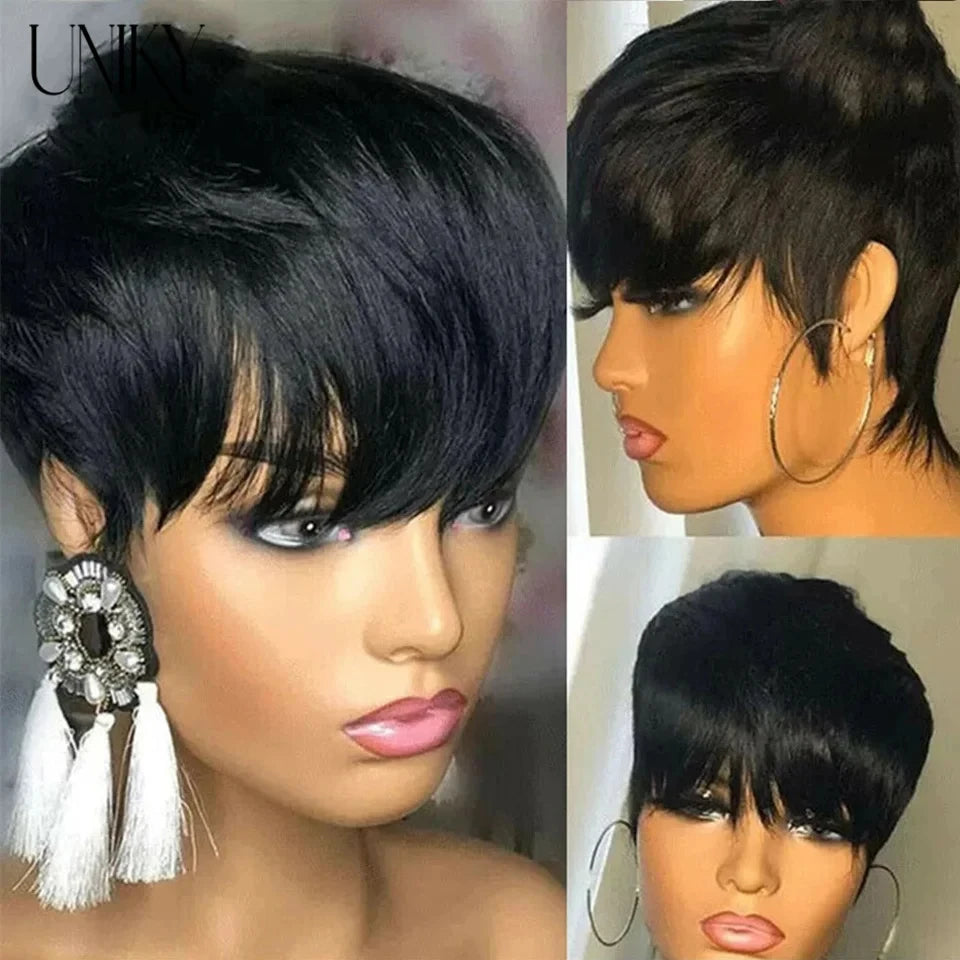 Pixie Cut 100% Full machine Human Hair Wig with Bangs for Women Short Layered Human Hair Brazilian Natural Black Hairs Cheap Wig