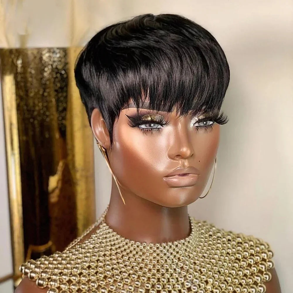 Pixie Cut 100% Full machine Human Hair Wig with Bangs for Women Short Layered Human Hair Brazilian Natural Black Hairs Cheap Wig