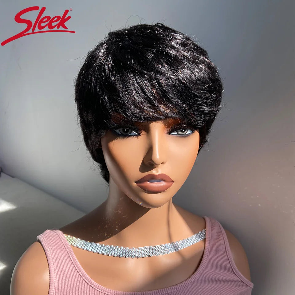 Sleek Short Pixie Cut Human Hair Wigs For Women 100% Real Brazilian Hair Wigs Natural Black Short Straight Woman Wigs