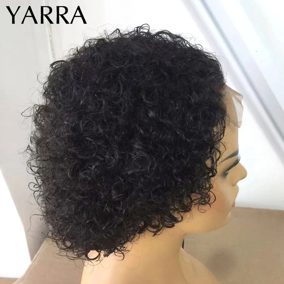 Short Pixie Cut Wig Human Hair 6 Inch 13x1  Brazilian Remy Hair Curly Bob Wig Transparent Lace Wig Preplucked Hairline Yarra