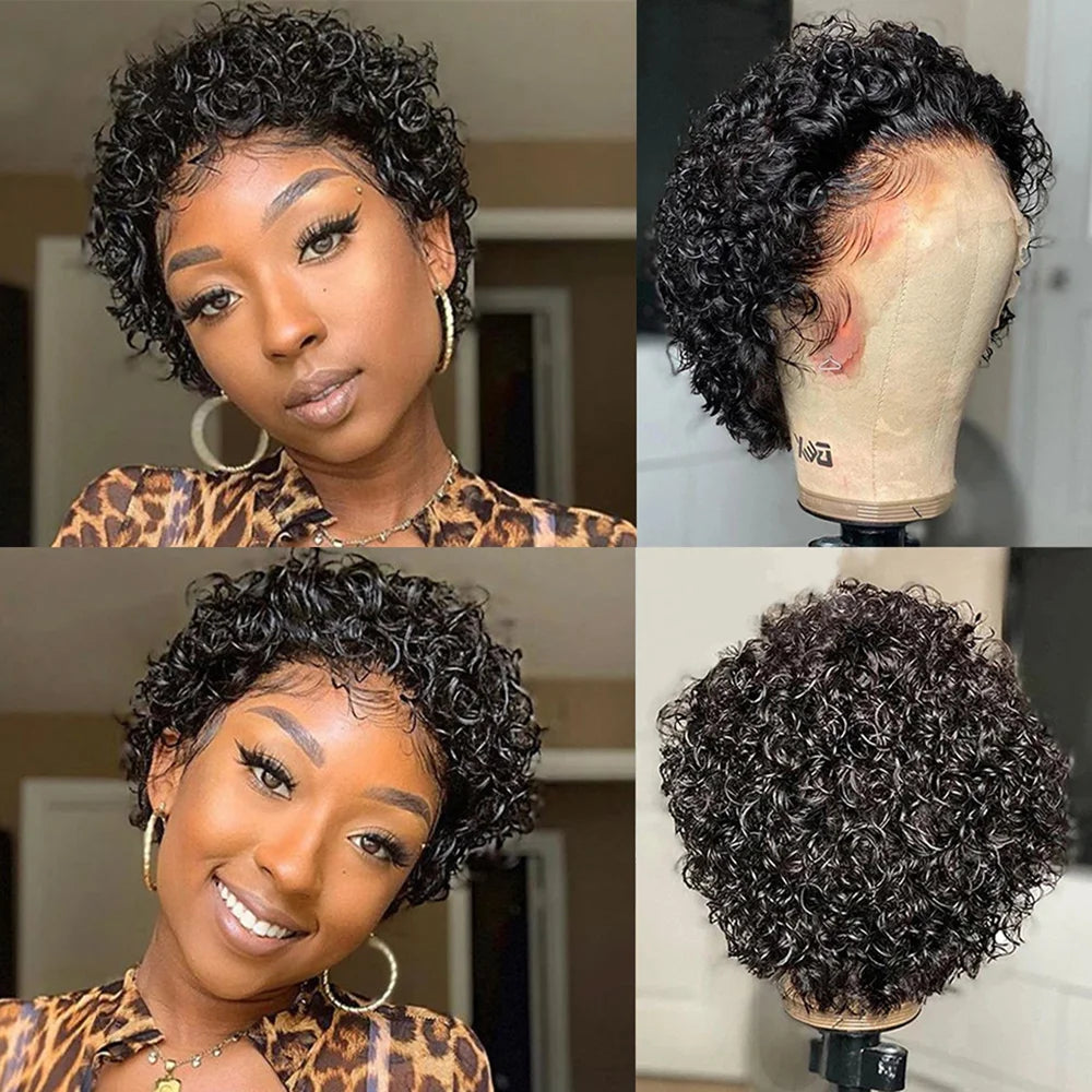 Pixie Cut Wig Colored Lace Wig Spring curl Short Bob Human Hair Wig For Women Natural Black Color Human Hair Cheap Wig 13X1