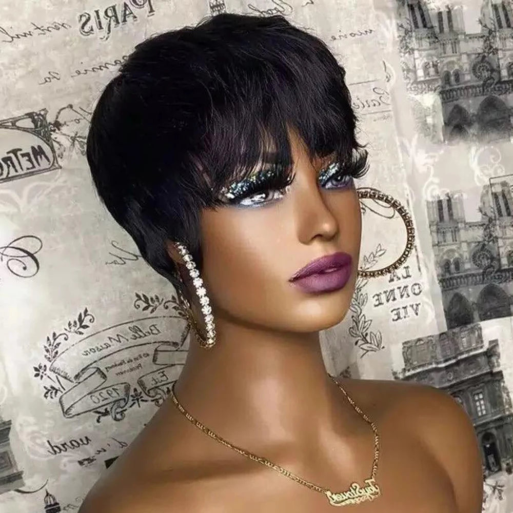 Brown Short Pixie Cut Wig Human Hair For Black Women Machine Made Wigs With Bangs Colored Brazilian Wig Human Hair Wigs