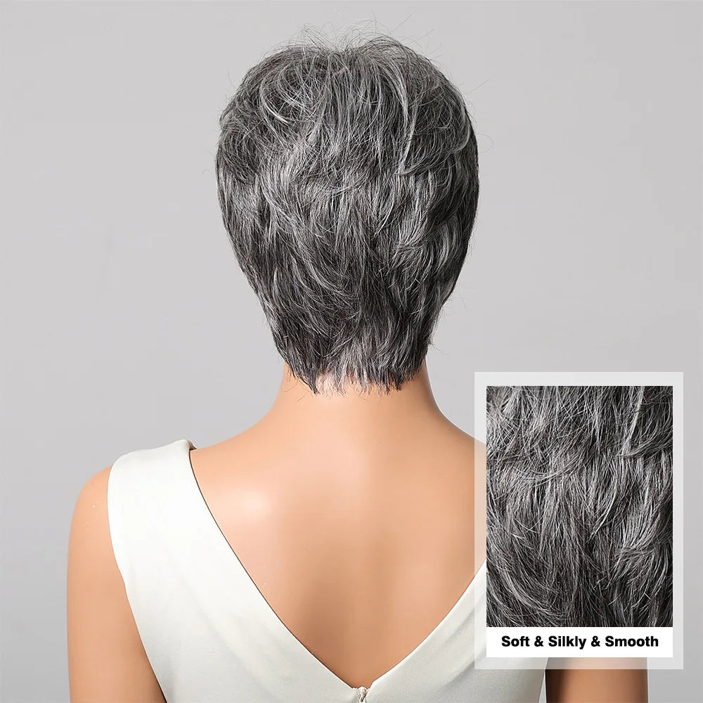 Short Pixie Cut Grey Human Hair Wig 8 Inch Layered Fashion Blend Human Hair Wig for Women Daily Use Hair Machine Made Cheap Wigs