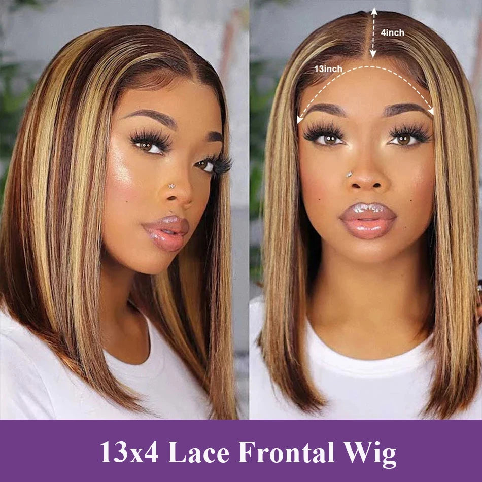 #4/27 Highlight Color 13x4 Short Bob Wigs Straight Human Hair Piano Highlight Color HD Transparent Lace Frontal Wigs For Women