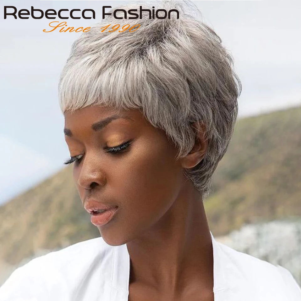 Rebecca Grey Colored Short Straight Bob Pixie Human Hair Wig With Bangs Fringe For Women Brazilian Remy Hair Gray Bob Wigs