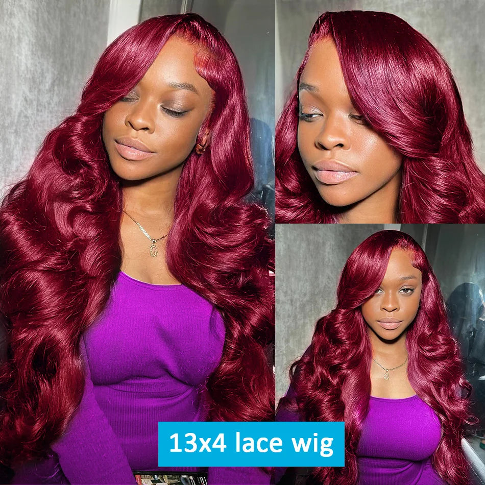 99j Burgundy Body Wave Human Hair 13x6 Hd Transparent Lace Front Wig 13x4 Colored 30 40 Inch Brazilian Hair For Women