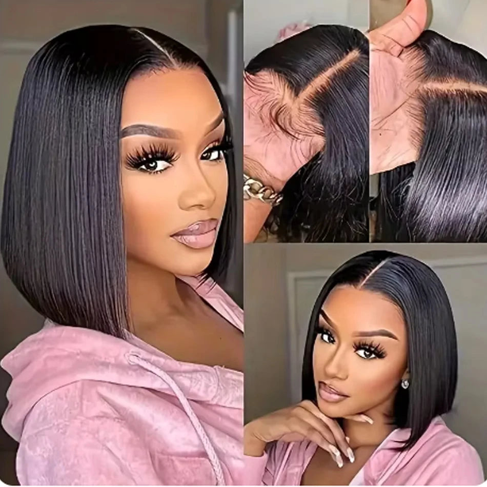 Wear And Go Glueless 100% Brazilian Human Hair Wig Bob HD Lace Bone Straight Short Bob 13x4 Lace Frontal Pre Plucked Ready To Go