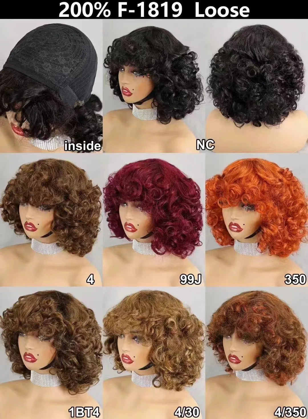 200% Density 99J# Burgundy Bouncy Curly Human Hair Wigs with Bangs Short Machine Made Loose Curly Bob Wigs PrePlucked for Women