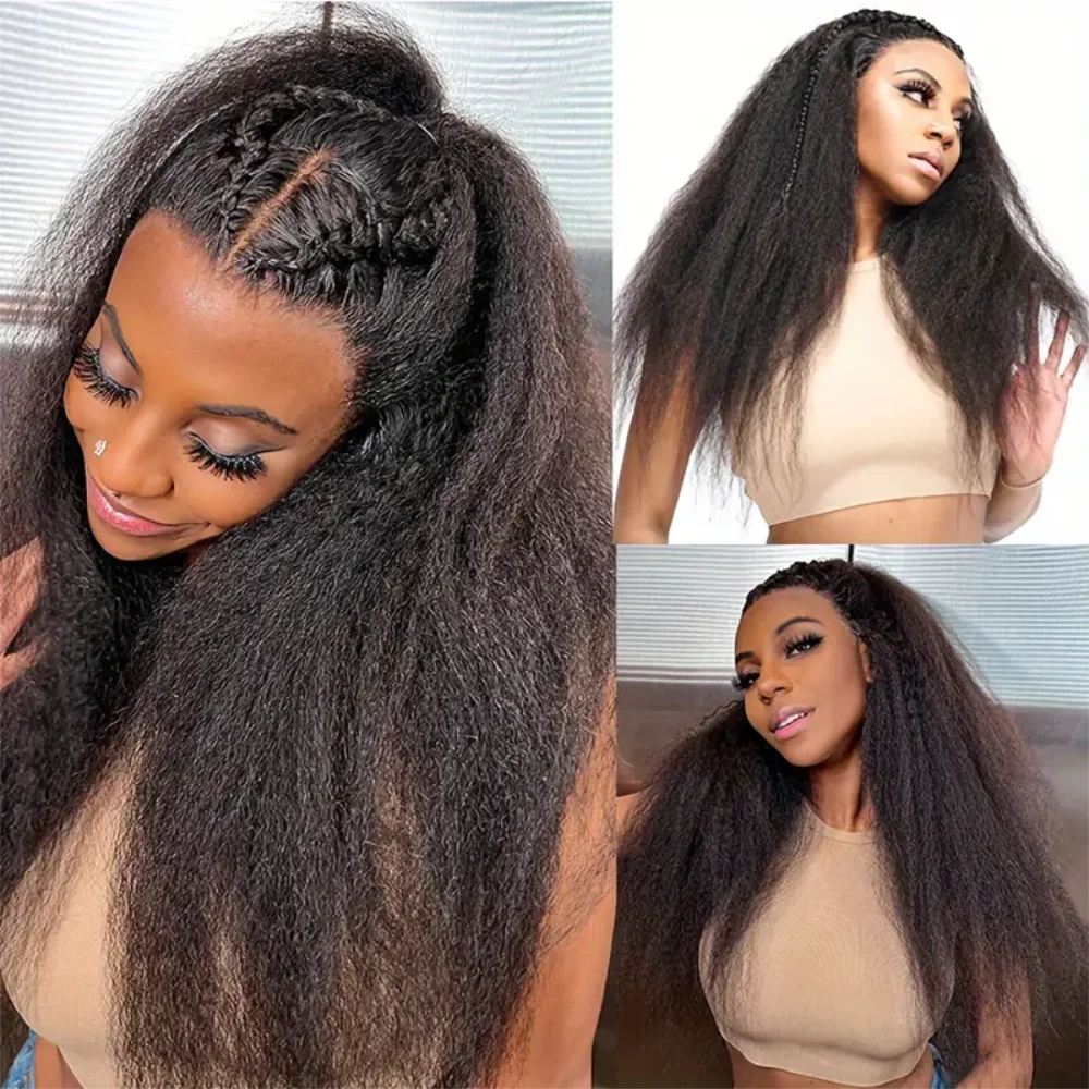 Kinky Straight 13x4 Transparent Lace Front Wigs Pre Plucked Yaki Straight Brazilian Lace Frontal Human Hair Wigs For Woman Wigs