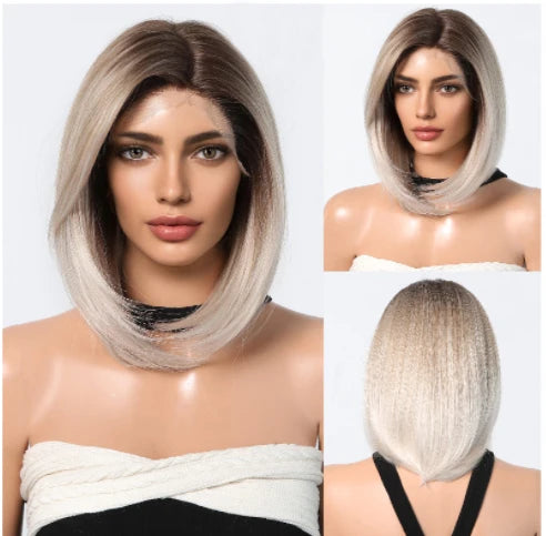 HENRY MARGU Black Bob Lace Front Wigs Brown Highlight Short Straight Daily Synthetic Wig 13*6 Lace Frontal Wig for Women Party