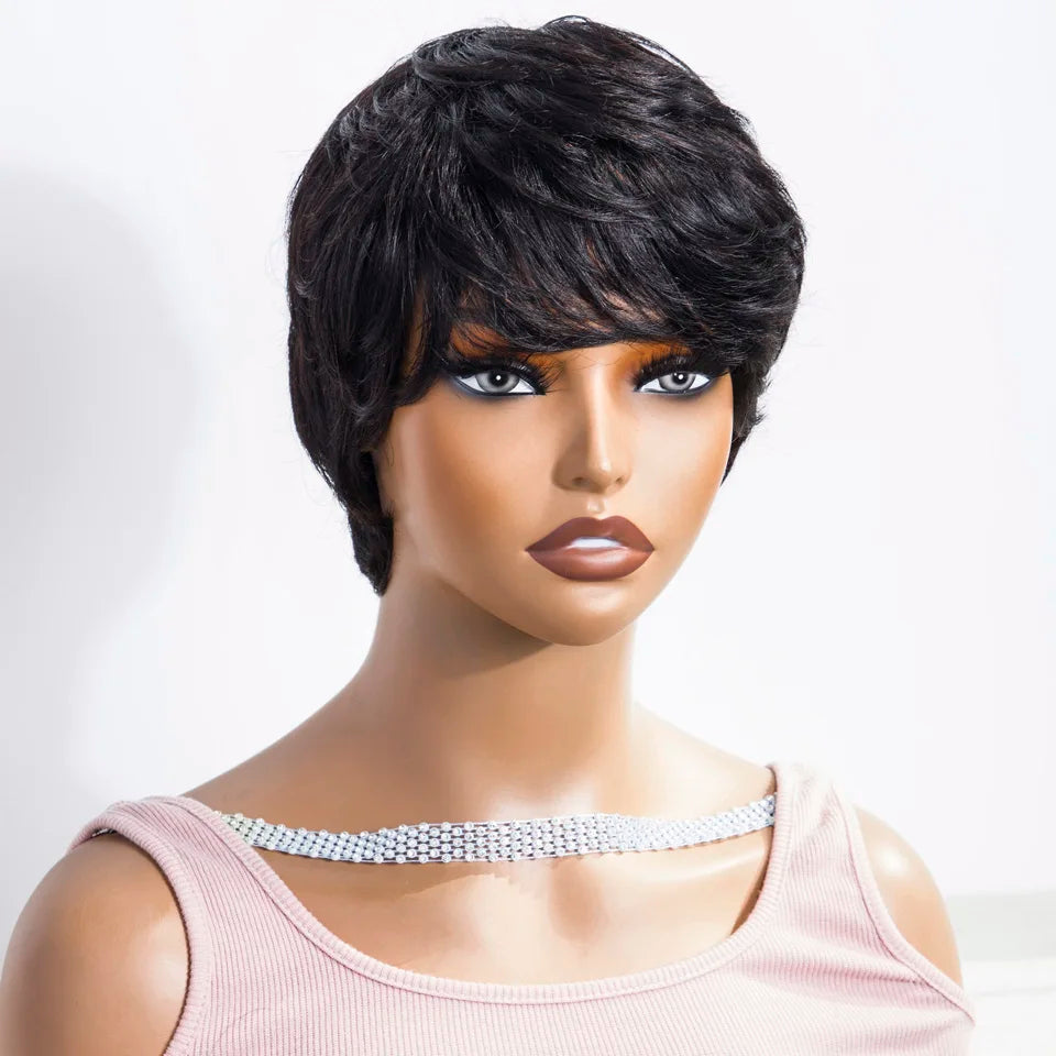 Sleek Short Pixie Cut Human Hair Wigs For Women 100% Real Brazilian Hair Wigs Natural Black Short Straight Woman Wigs