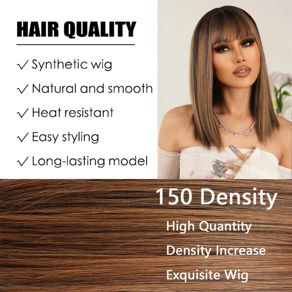 EASIHAIR Fashion Brown Blonde Highlight Synthetic Wigs Straight Hair with Bangs for Women Cosplay Daily Heat Resistant  Bob wig