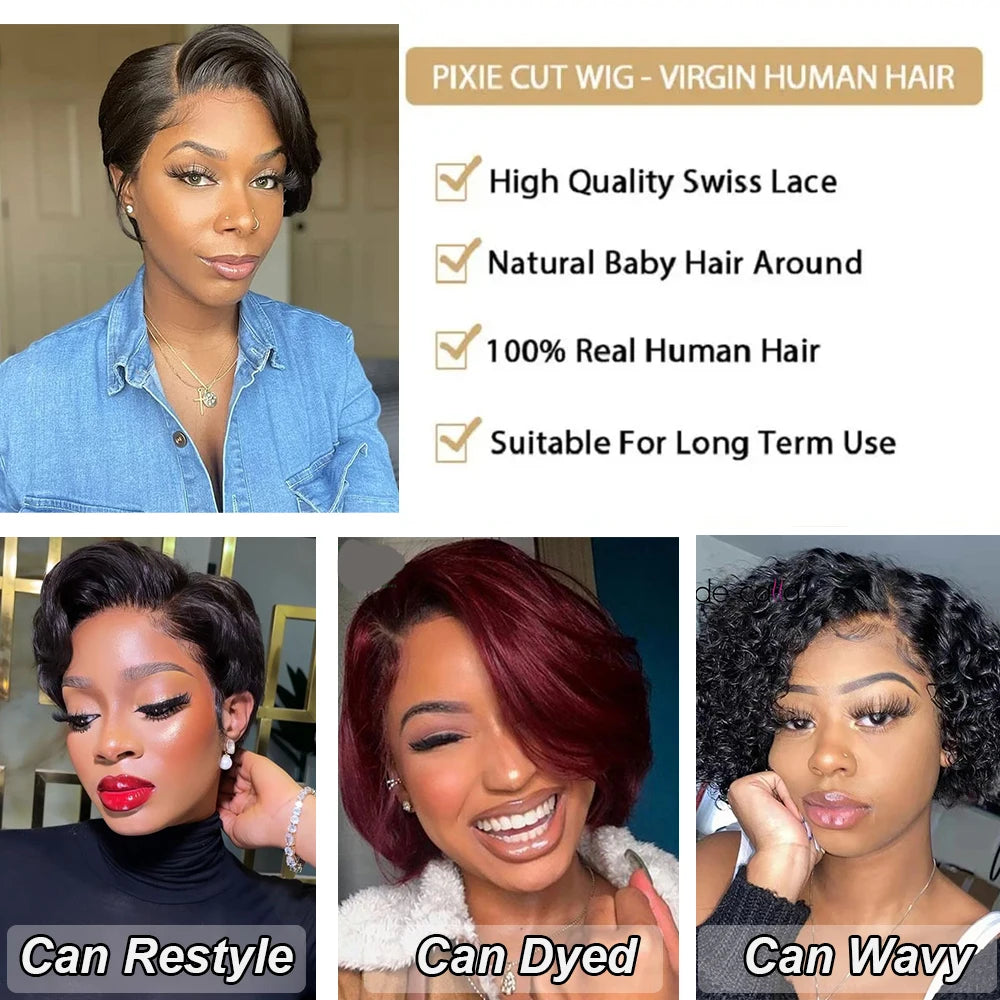 Straight Human Hair Wig 13x4x1 T Part Transparent Lace Wig Short Pixie Cut Wig Human Hair Wigs for Women 150% Density 6Inch