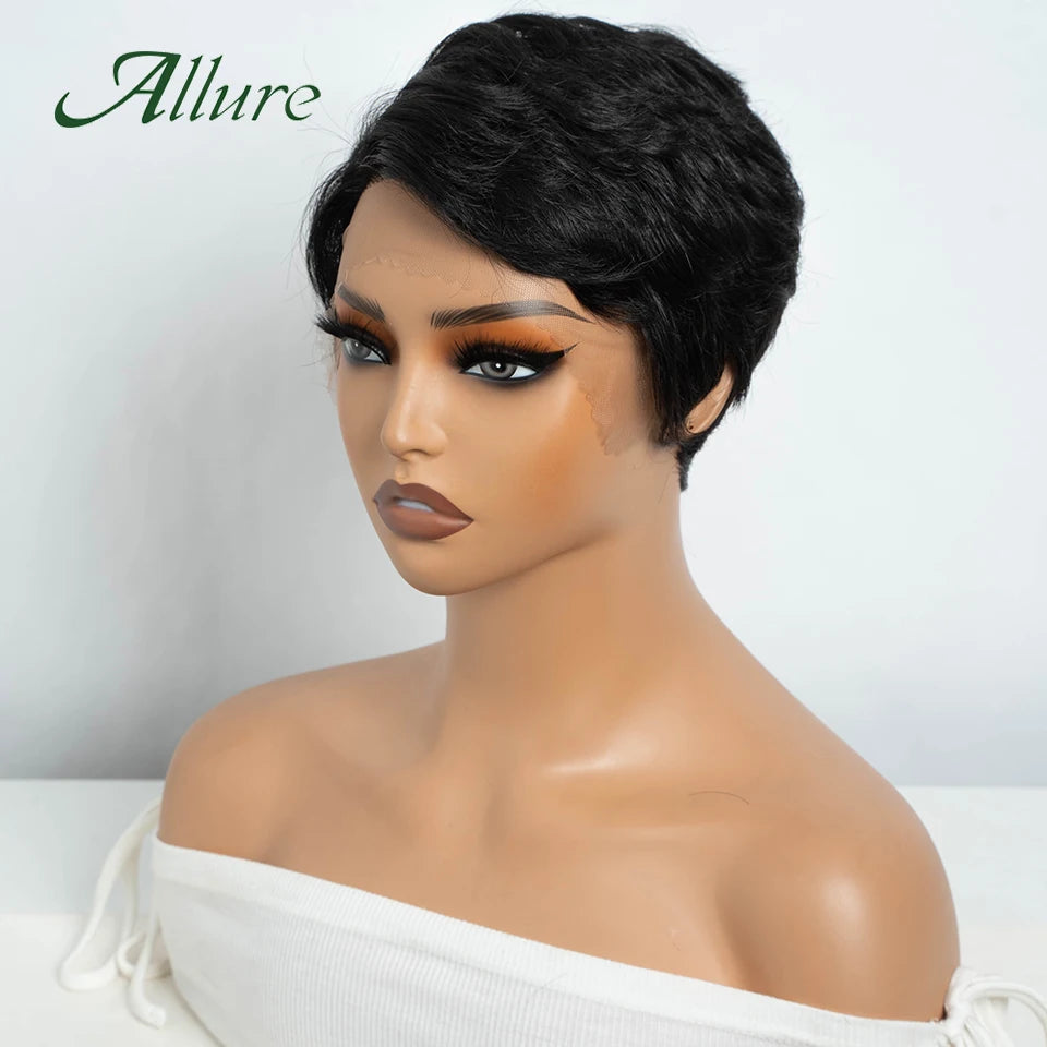 Short Pixie Cut Human Hair Wigs Natural Black Colored Hair T Part Lace Wig Brazilian Cheap Blonde 613 Ombre Remy Hair Wig Allure