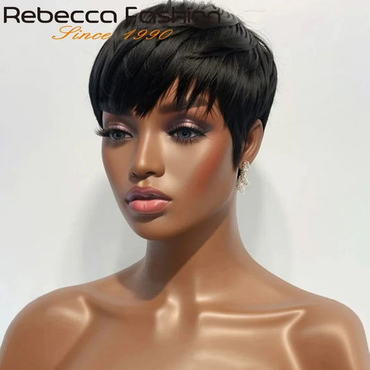 1B Pixie Short Cut Colored Straight Human Hair Wigs With Bangs Fringe Full Machine Made Wigs For Women Brazilian Natural Black