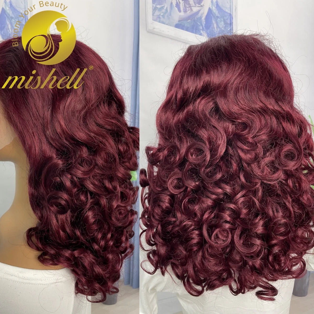 16inch 13x4 Full Lace Frontal Spring Bouncy Curly Human Hair Wigs 250% Density  Burgundy 99J Short Loose Wave Bob Wig PrePlucked