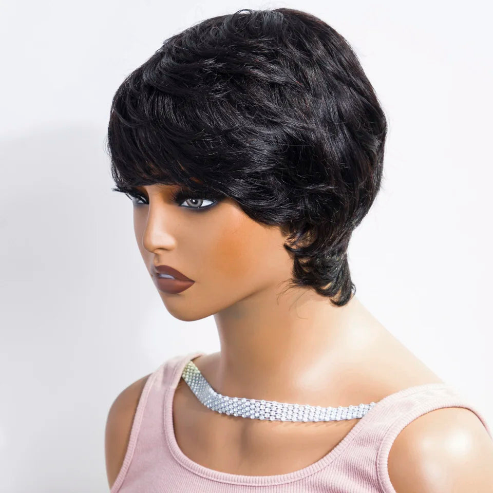 Sleek Short Pixie Cut Human Hair Wigs For Women 100% Real Brazilian Hair Wigs Natural Black Short Straight Woman Wigs