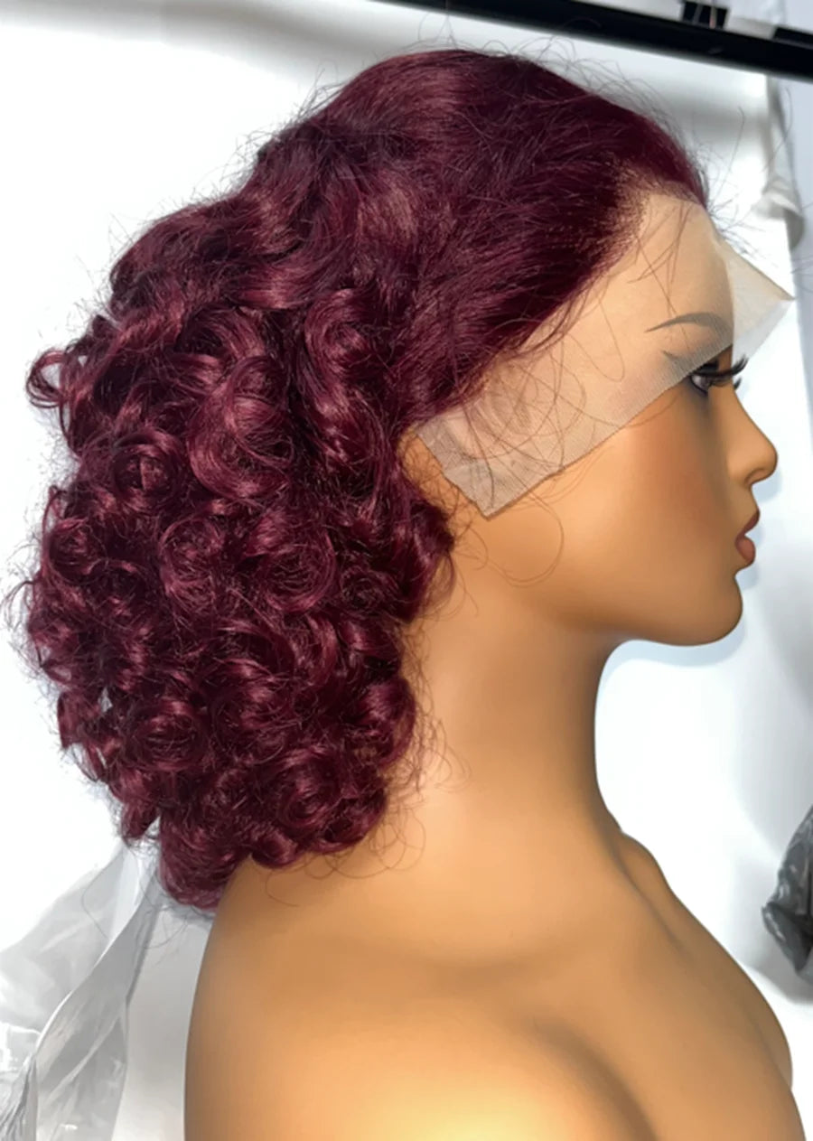 16inch 13x4 Full Lace Frontal Spring Bouncy Curly Human Hair Wigs 250% Density  Burgundy 99J Short Loose Wave Bob Wig PrePlucked