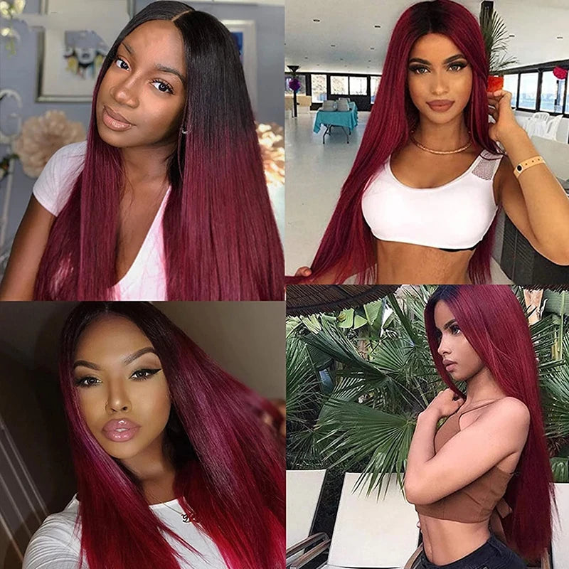 Ombre Hd Lace Front Human Hair Wigs Dark Red Colored Bone Straight Human Hair Wig Glueless Princess 99J Burgundy Brazilian Wigs