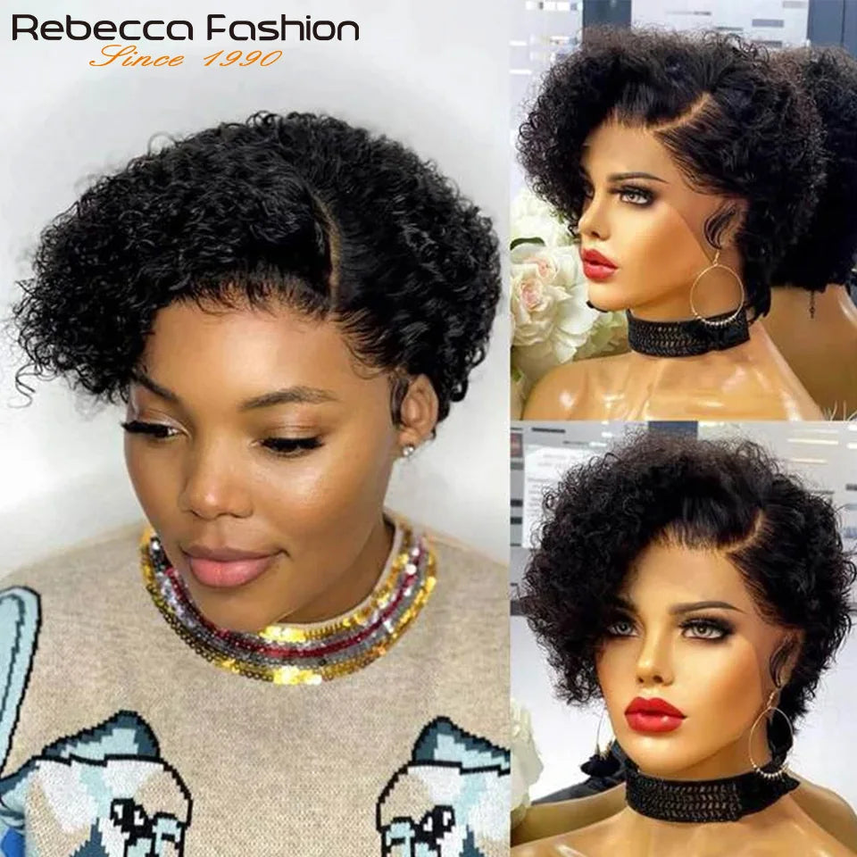 Natural Brown Hair Pixie Cut Wig Short Bob Curly Human Hair Wig 13x1 Lace Front Transparent Deep Curly Hair Lace Wig Preplucked