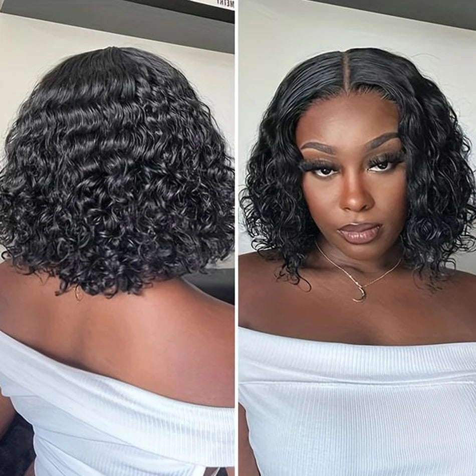 Short 8 to 16 Inch Water Wave Bob Human Hair Wig Pre Plucked 13X4 Lace Brazilian Curly Human Hair Bob Wigs For Women and Girls