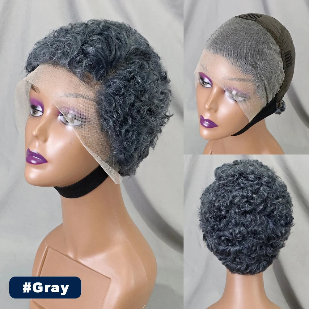 Grey 6inch 180% Density Transparent 13x4 Lace Frontal Bob Wigs Brazilian Remy Human Hair Pixie Cut Short Bob Wig for Black Women