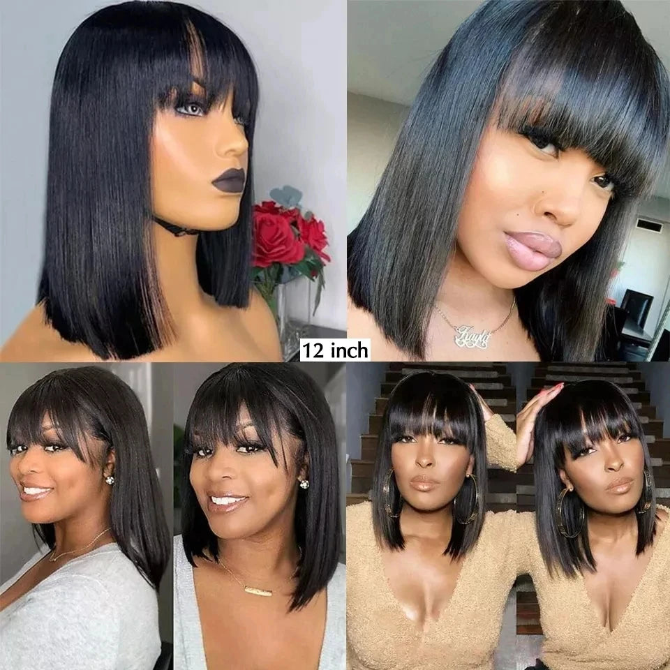 8-14” 180D Ready To Wear Straight Human Hair Bob Wigs With Bangs Fringe Brazilian Realastic Scalp Straight Lace Bob Wigs