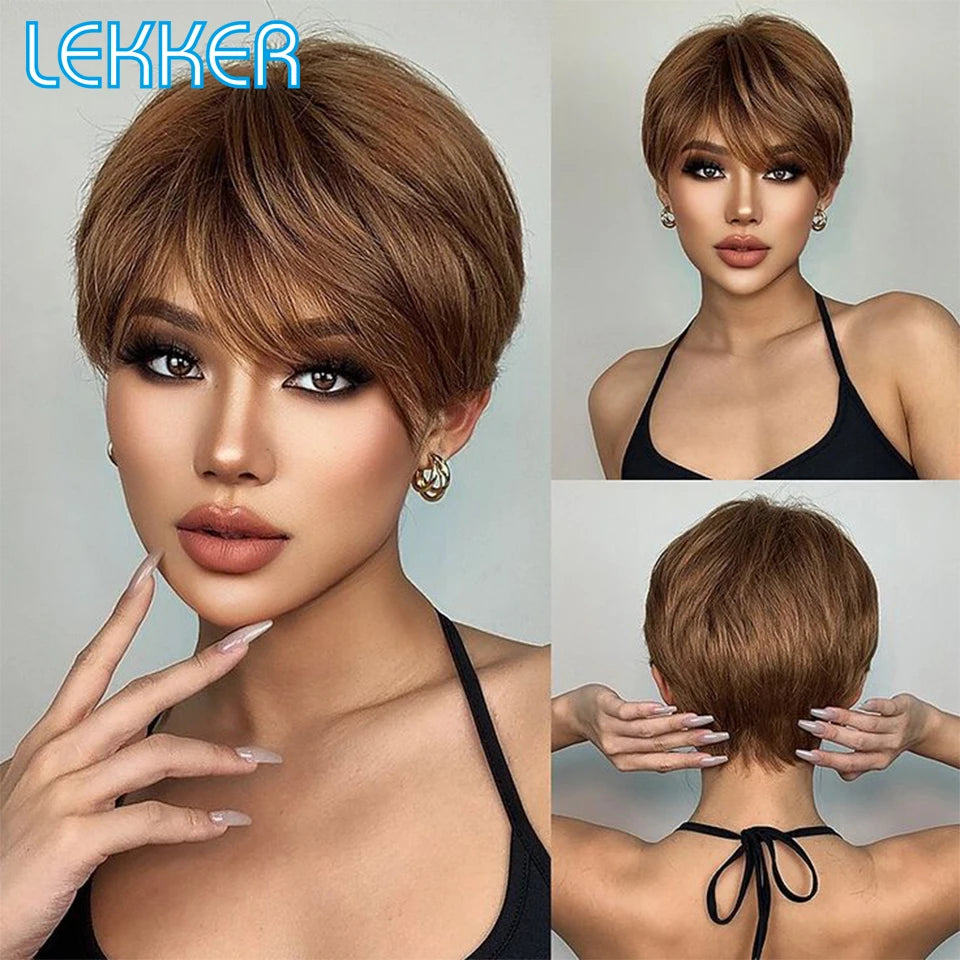 Lekker Highlight Gold Blonde Short Pixie Cut Human Hair Wigs For Women Glueless Brazilian Remy Hair Colored Full Machine Wigs