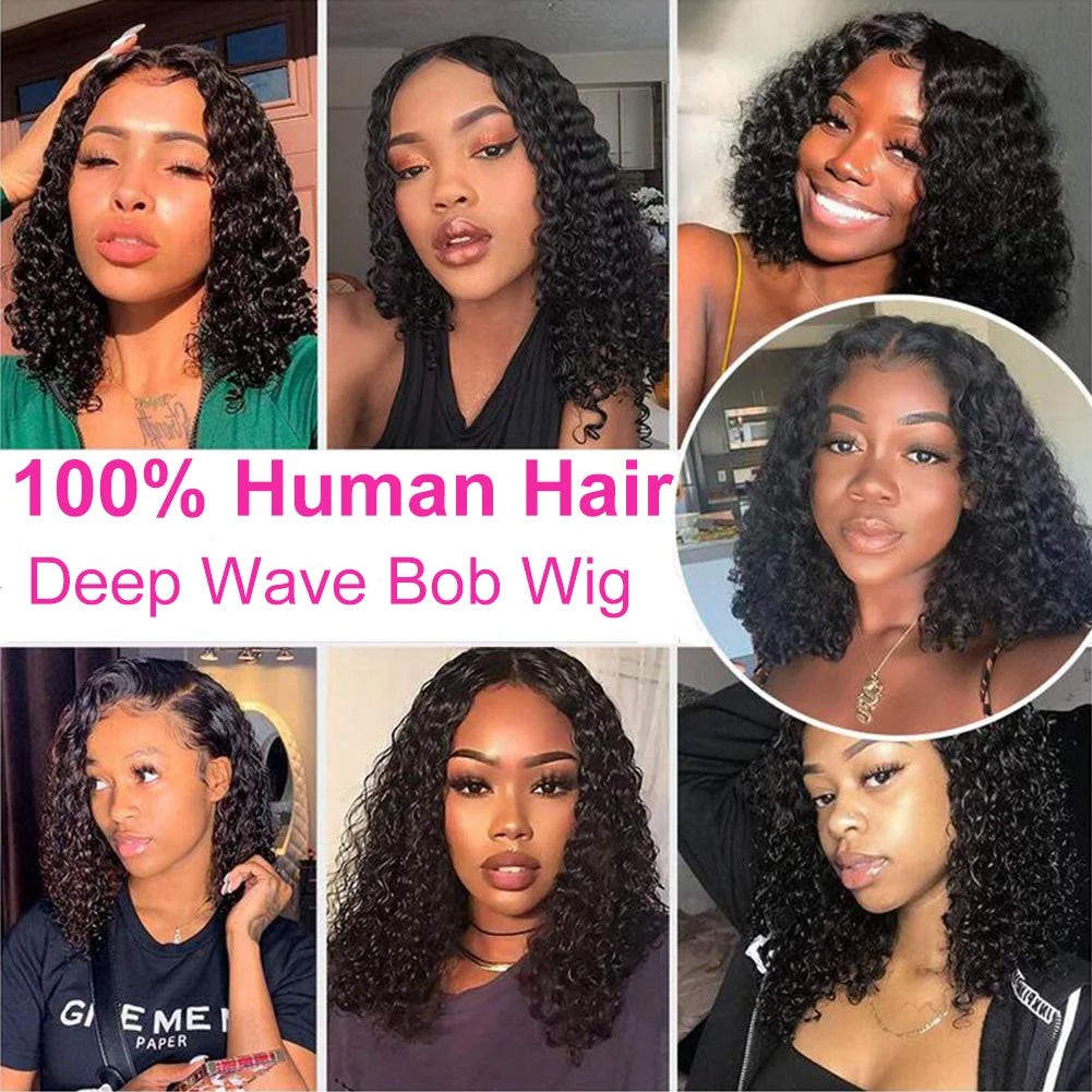 Deep Wave Short Bob Wigs For Black Women Human Hair Wig 100% Human Hair HD Transparent Lace Wigs Pre Cut Remy Straight Natural