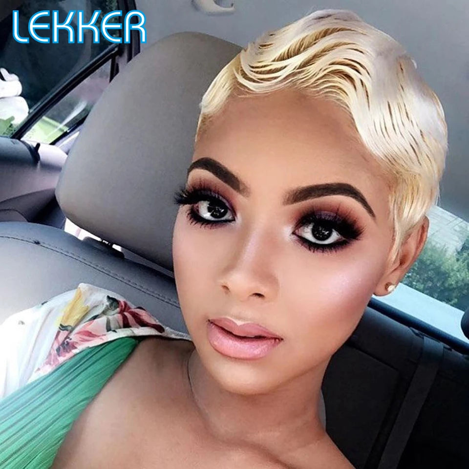 Lekker Short Pixie Cut 13X1 Lace Front 100% Human Hair Wigs For Women Glueless Ready to Wear Brazilian Remy Hair Colored Wigs